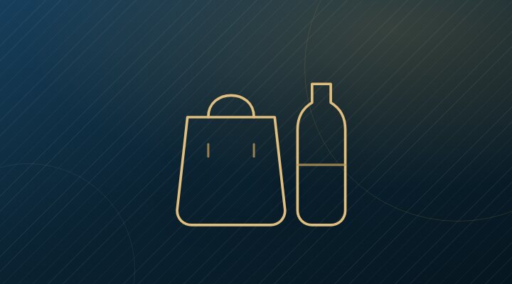 Ilustração: sacola de compras ao lado de um frasco de óleo essencial.